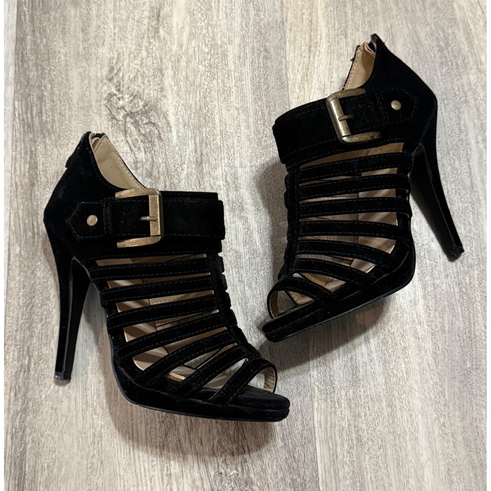 Delicacy Lexie-01 Black Cage Strappy Stiletto Heels Buckle Gladiator Sandals 6